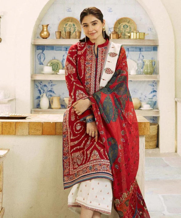 ZARA SHAHJAHAN 3PC Dhanak Embroidered Shirt With Digital printed wool shawl-659